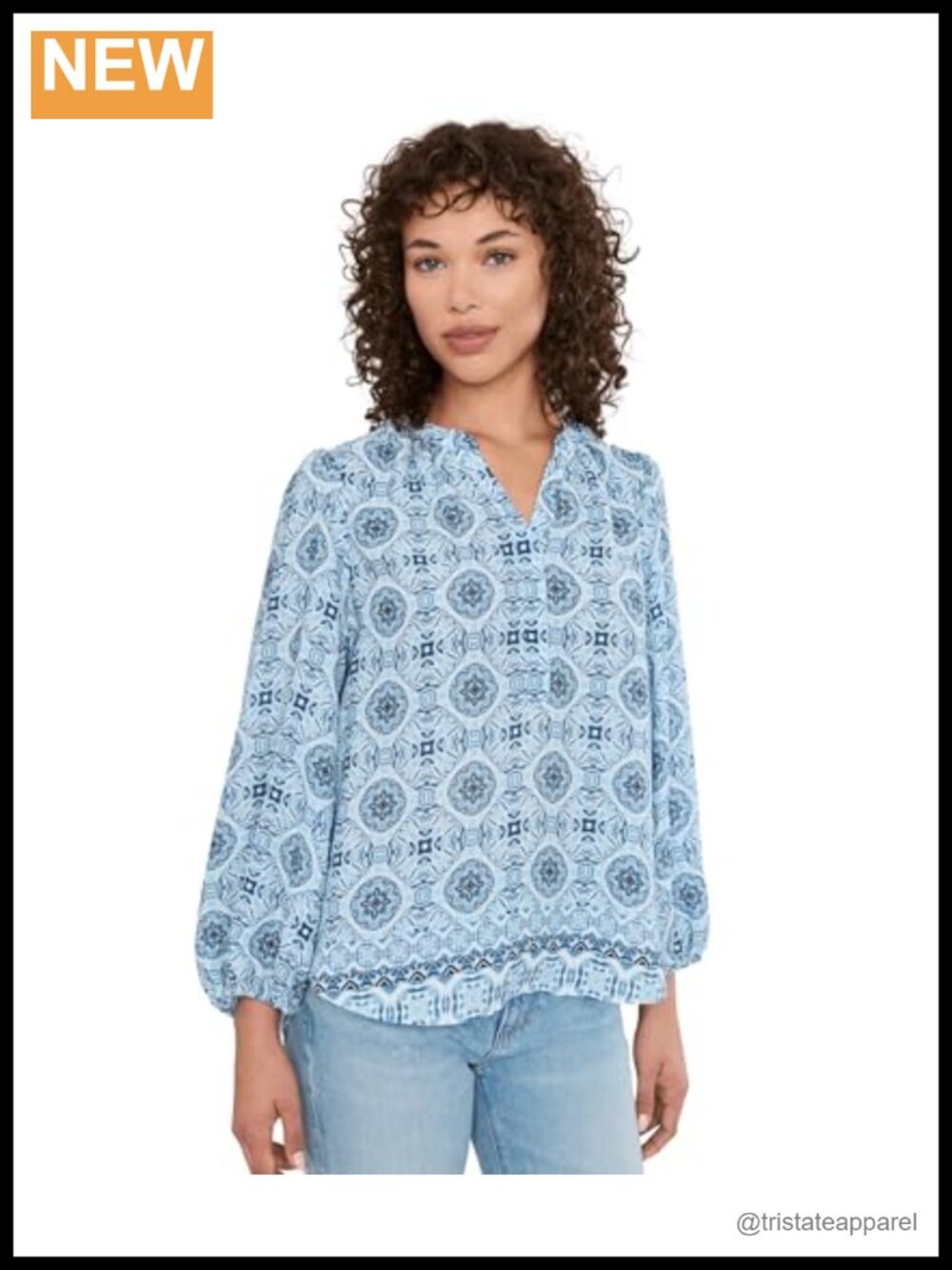 NYDJ Puff Sleeve Popover Blouse - Recycled Polyester, Split Neck, High-Low Hem